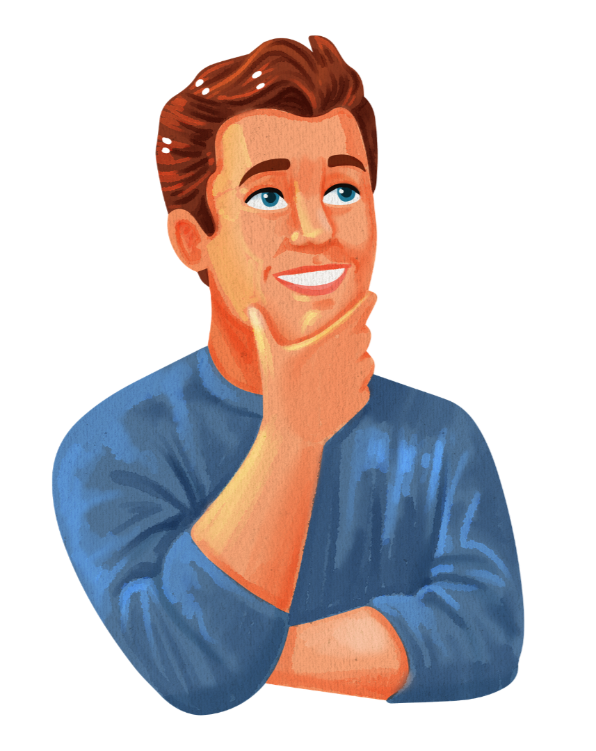 Illustration of a man with brown hair, blue eyes, wearing a blue shirt, smiling and holding his chin with his right hand, looking upward thoughtfully.