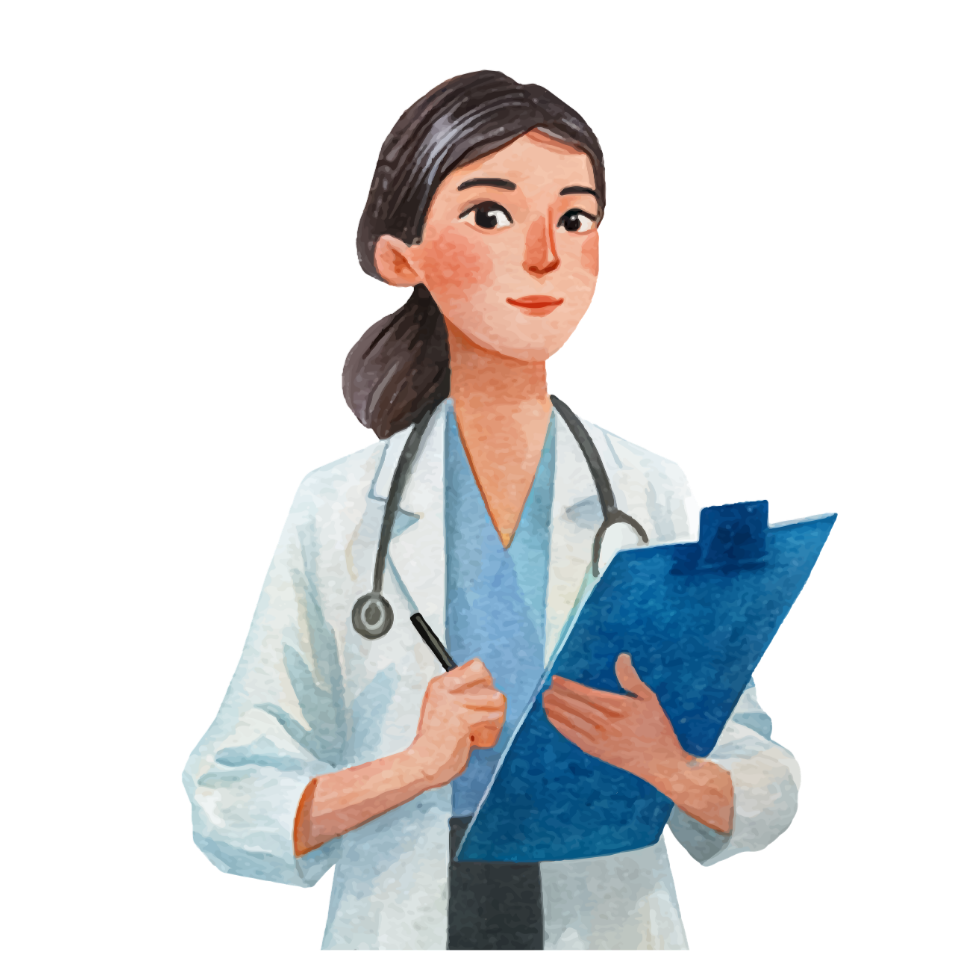 Illustration of a female doctor holding a clipboard and a pen, wearing a white coat and stethoscope.