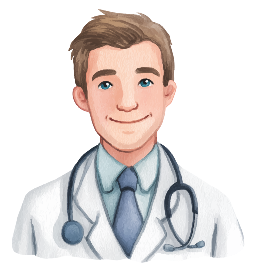 Illustration of a young male doctor with light brown hair, blue eyes, wearing a white coat, a light blue shirt, a darker blue tie, and a stethoscope around his neck.