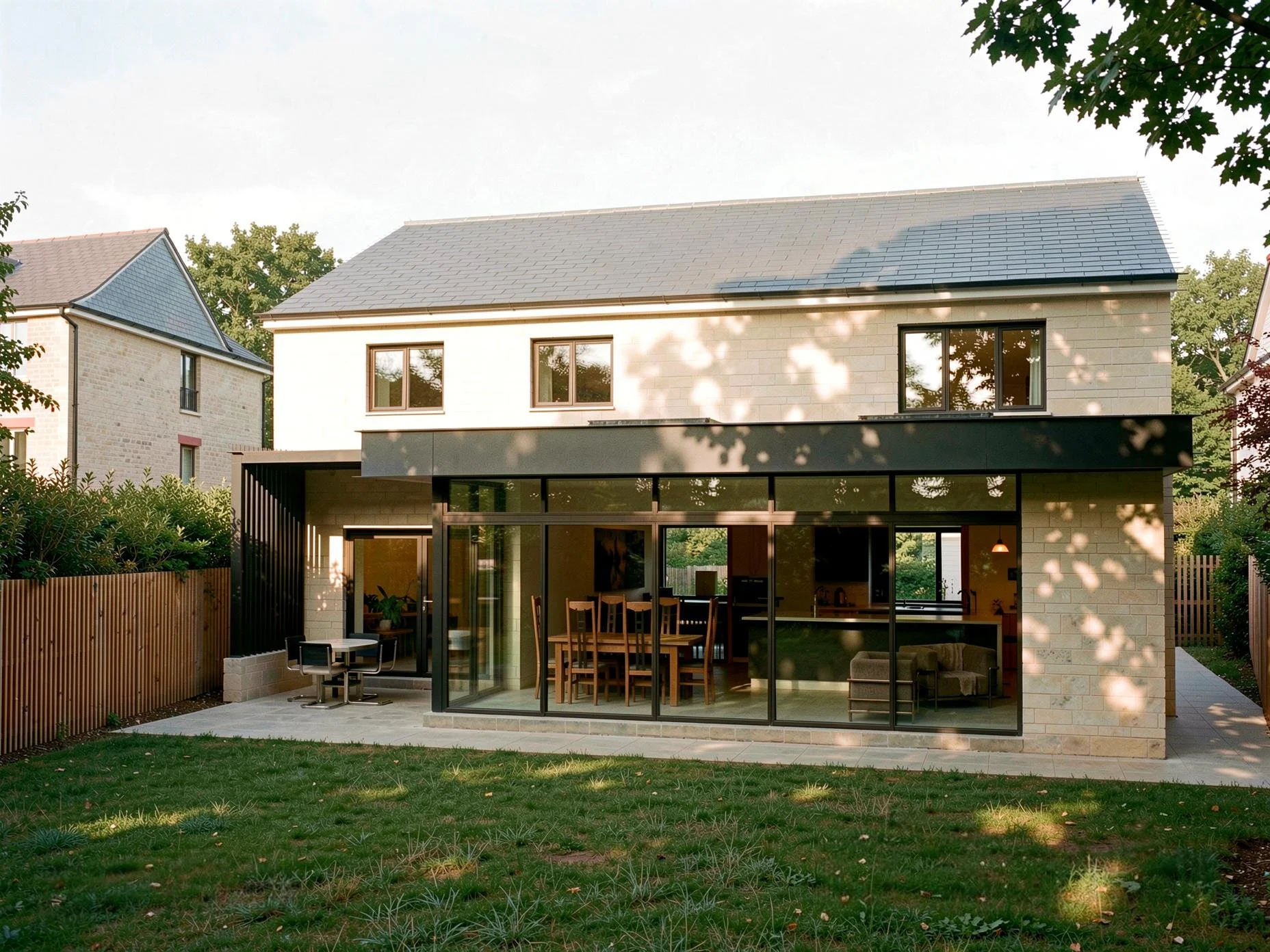 Modern two-story house with a large ground-floor glass extension, outdoor dining area, and backyard with green lawn and wooden fence, surrounded by trees.