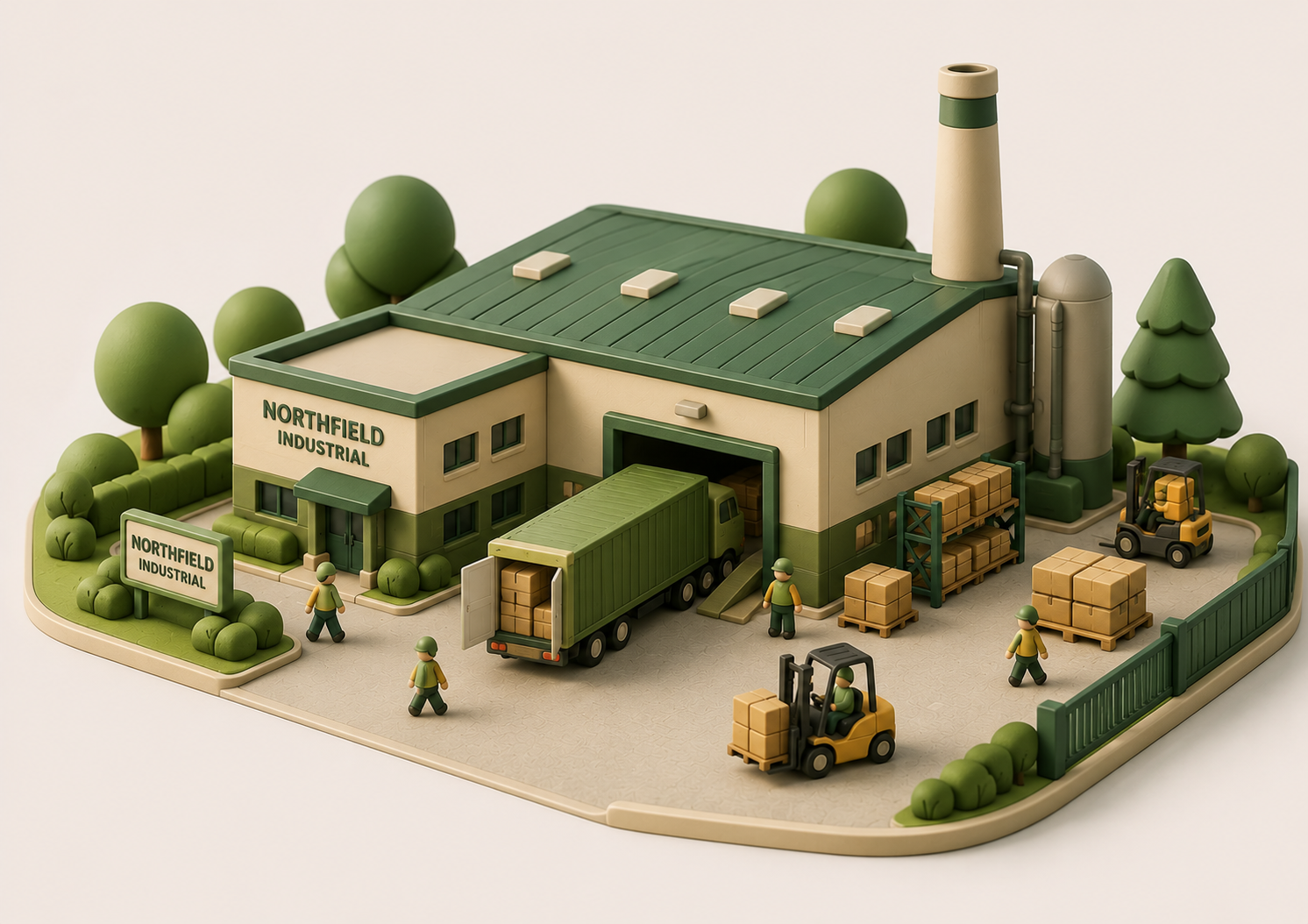A miniature model of a factory labeled 'Northfield Industrial' with small workers, trucks, and trees around it.