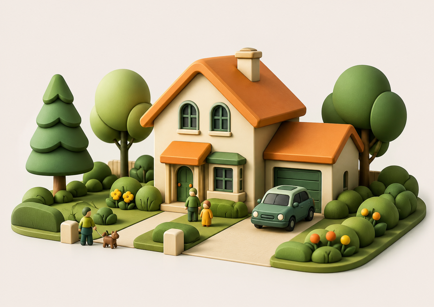 A miniature model of a house with trees, bushes, and flowers in a yard. There are two figures of a person and a child, a car parked in the driveway, and a dog on a leash.