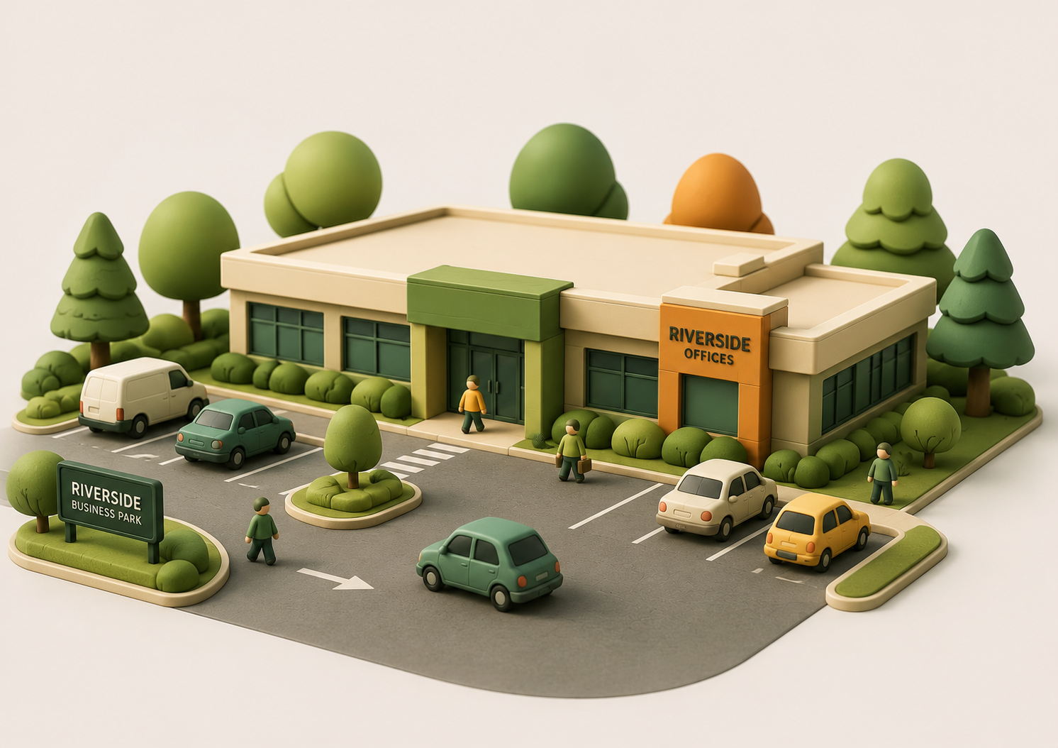 A miniature model of a Riverside Offices building with parking lot, trees, and small figures of people and cars.
