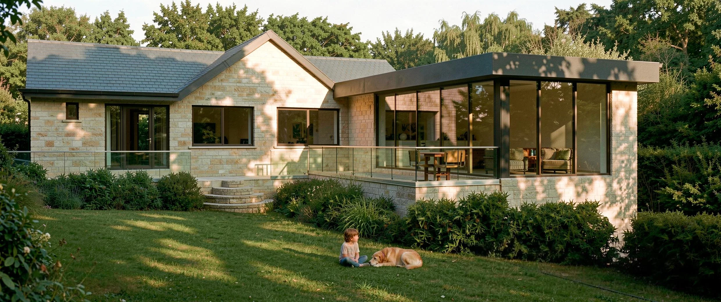 A modern house with a stone exterior and large glass windows, surrounded by trees and greenery, with a child and a dog sitting on the lawn.