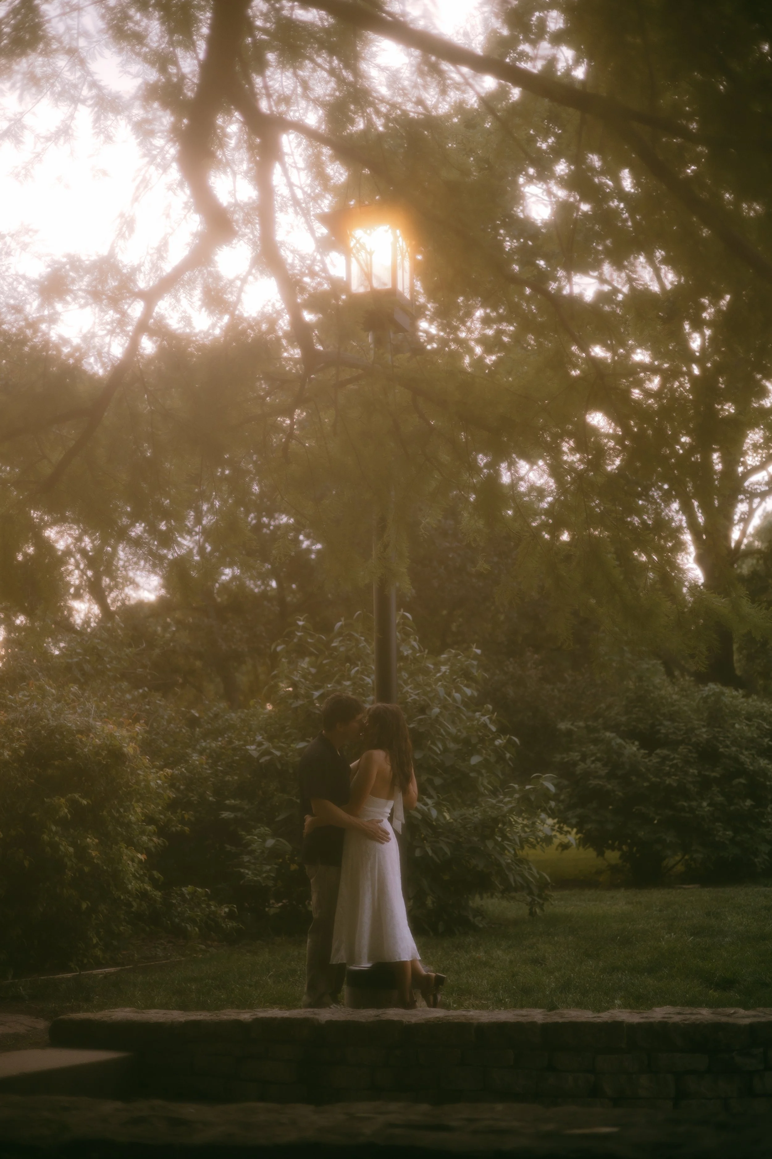 A couple is standing in a park surrounded by trees at sunset. They are embracing, with the woman in a white dress and the man in dark clothing. The scene is romantic and serene, with a street lamp in the background and soft, warm light filtering through the trees.