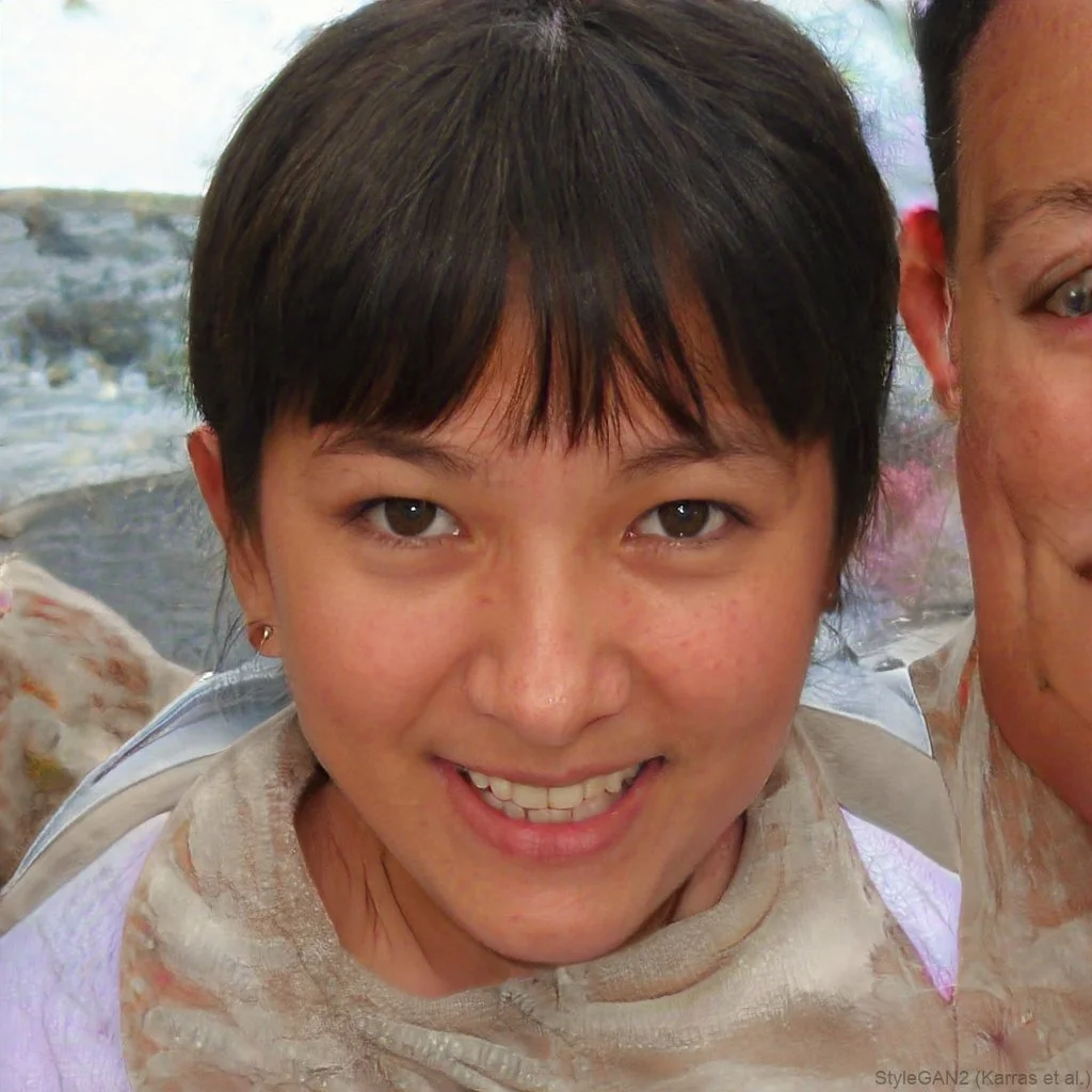A woman smiling at the camera with dark hair and a background of a river or waterfall.