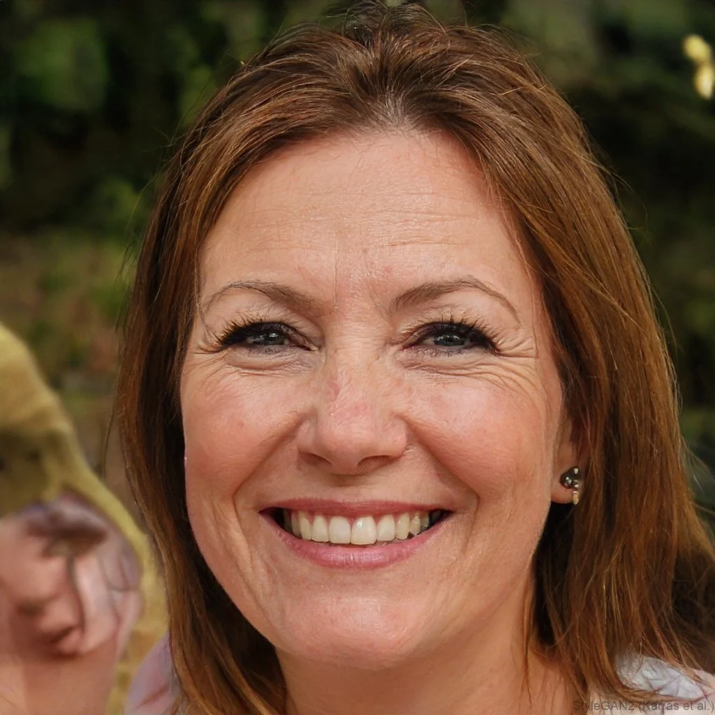 Close-up of an american accent student who is a smiling woman with reddish-brown hair outdoors.