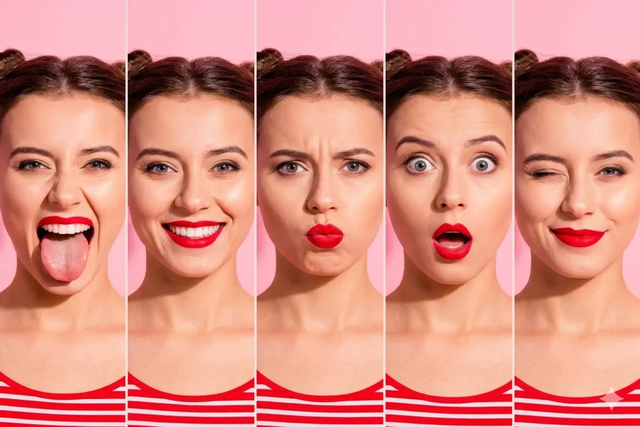 Alt text: "Collage of a young woman with space buns and red lipstick showing five different facial expressions against a pink background: sticking tongue out, smiling, puckering lips, surprised, and winking.