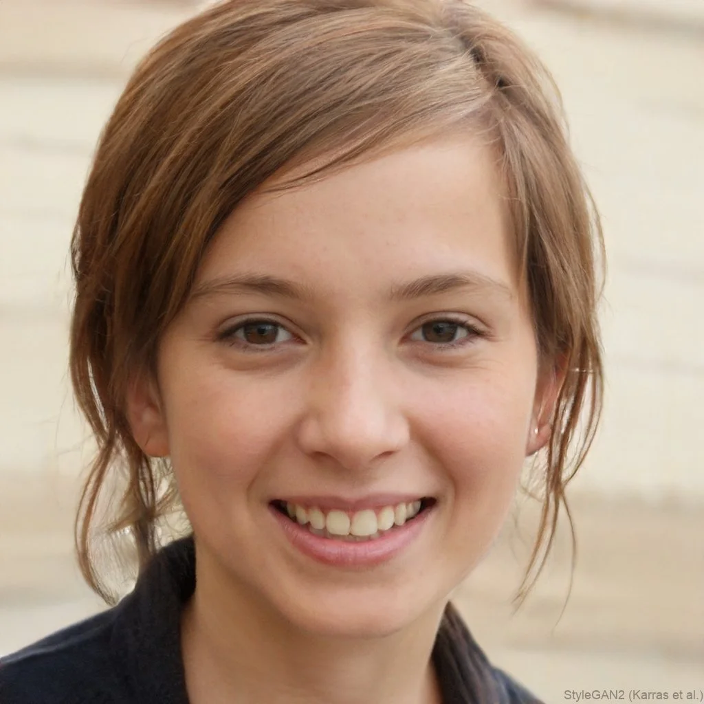 Close-up of a young woman who's an american accent coach student with short, light brown hair and light skin, smiling at the camera.