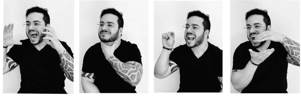 A four-panel photo series of an accent coach demonstrating jaw placement, vocal resonance, ear training, and speech mechanics for a natural American accent.