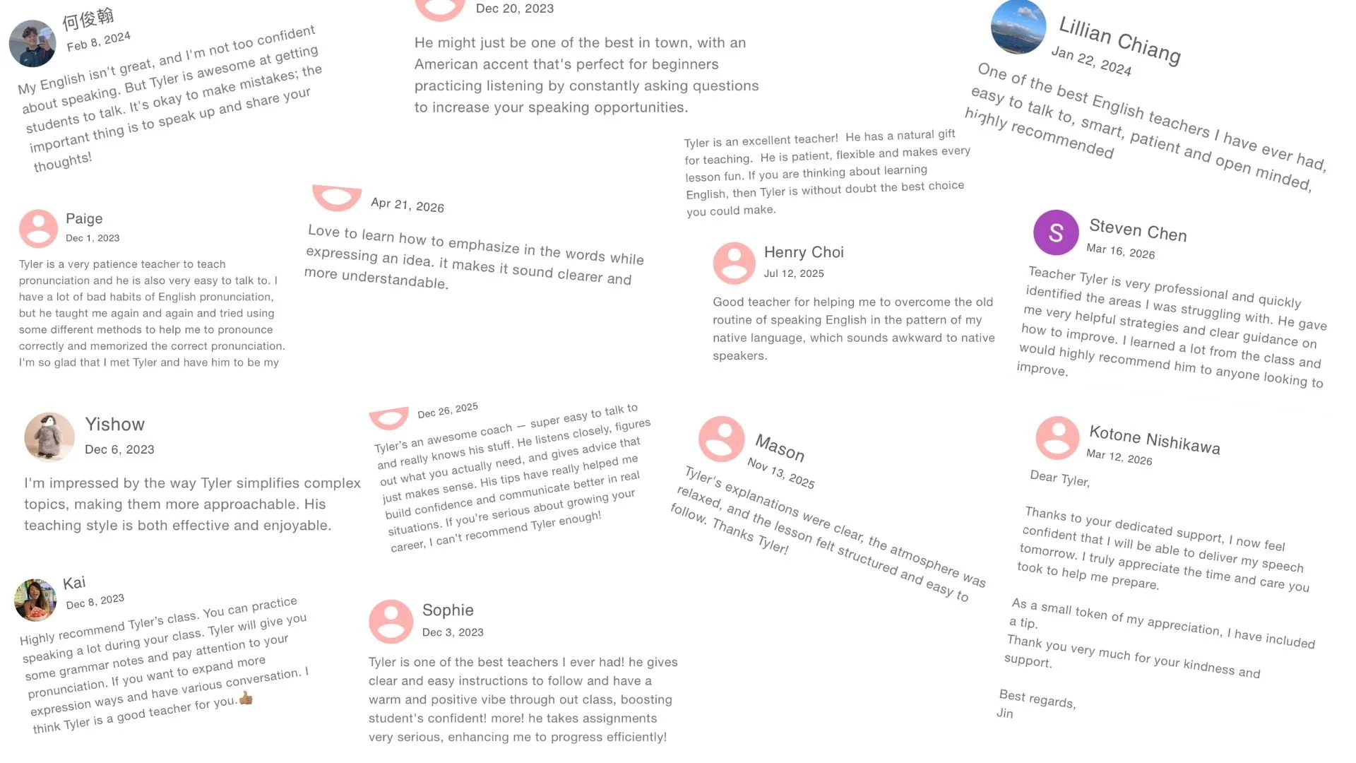 A collection of customer reviews and testimonials about an american accent coach named Tyler, from different dates and people, accompanied by profile pictures or icons.