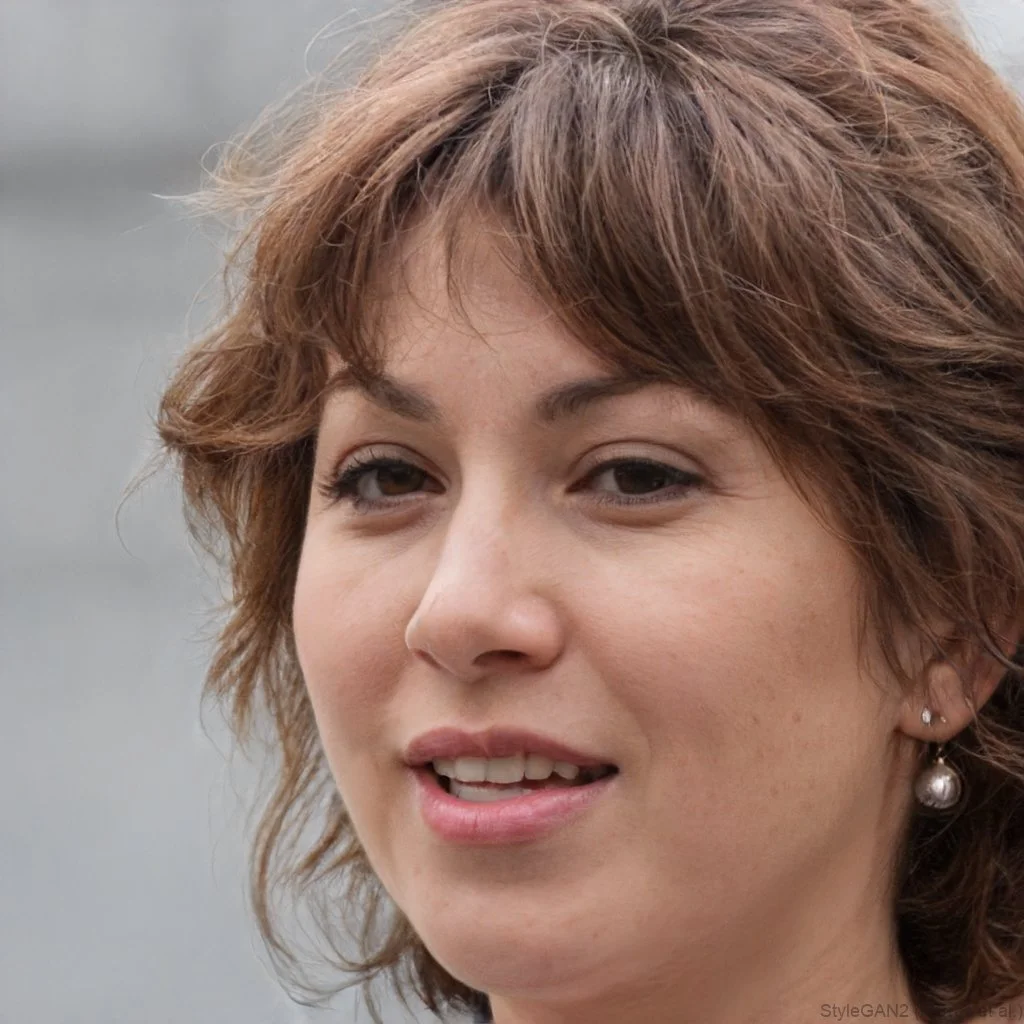 Close-up of an american accent student who is a woman with short, wavy brown hair, wearing pearl earrings, smiling slightly.