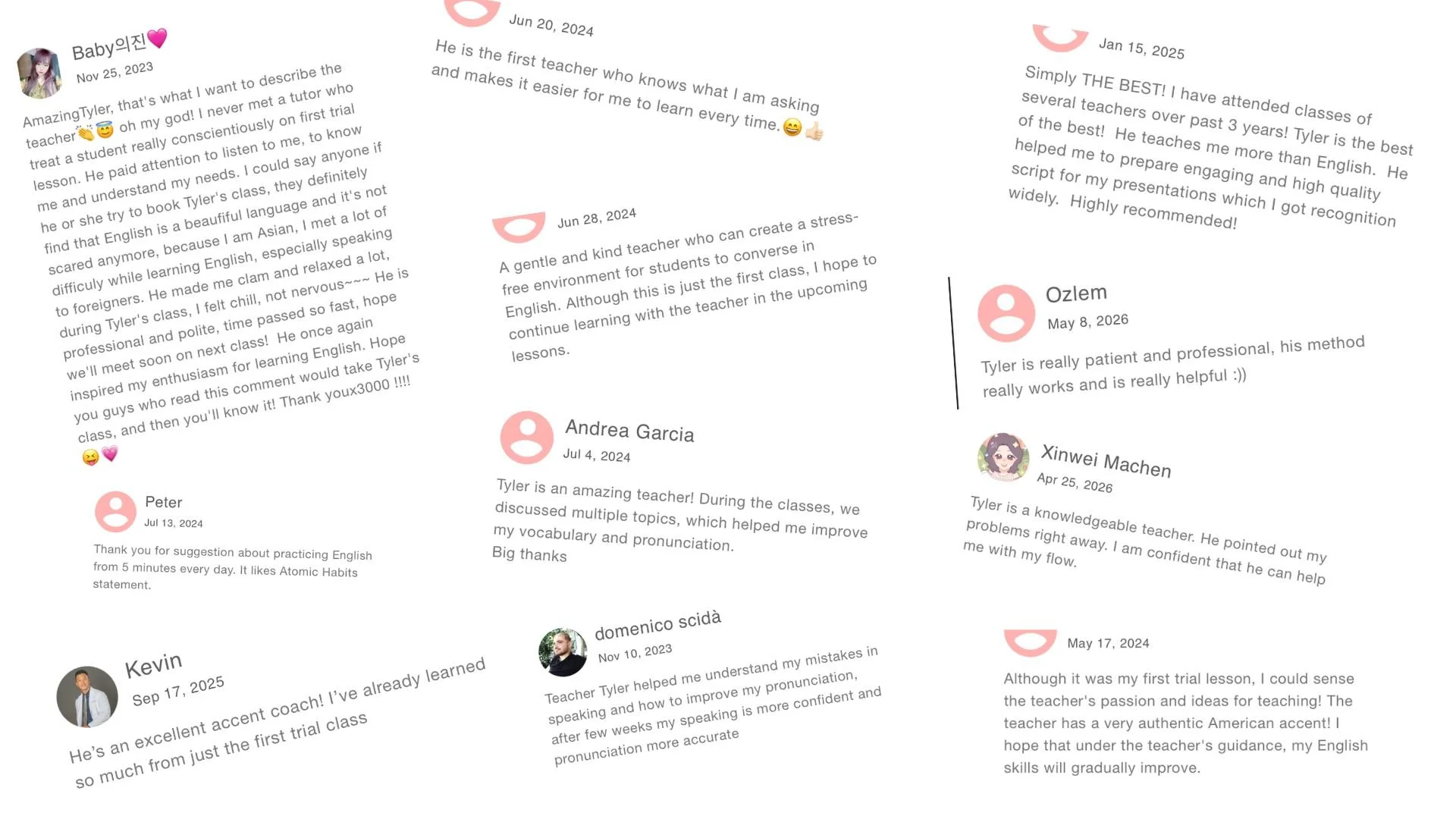 Collection of online reviews and testimonials from students of an american accent coach about their teacher, Tyler, praising his teaching skills, patience, and effectiveness, with profile pictures and dates included.