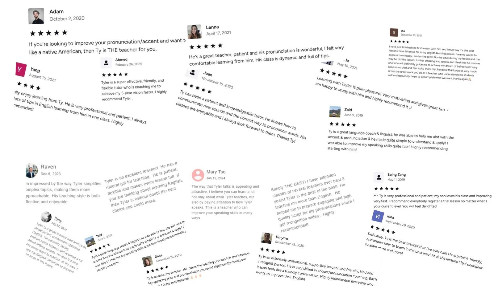 Collection of online reviews from students praising an american accent coach for their teaching skills and effectiveness in improving English pronunciation, speaking, and language learning.