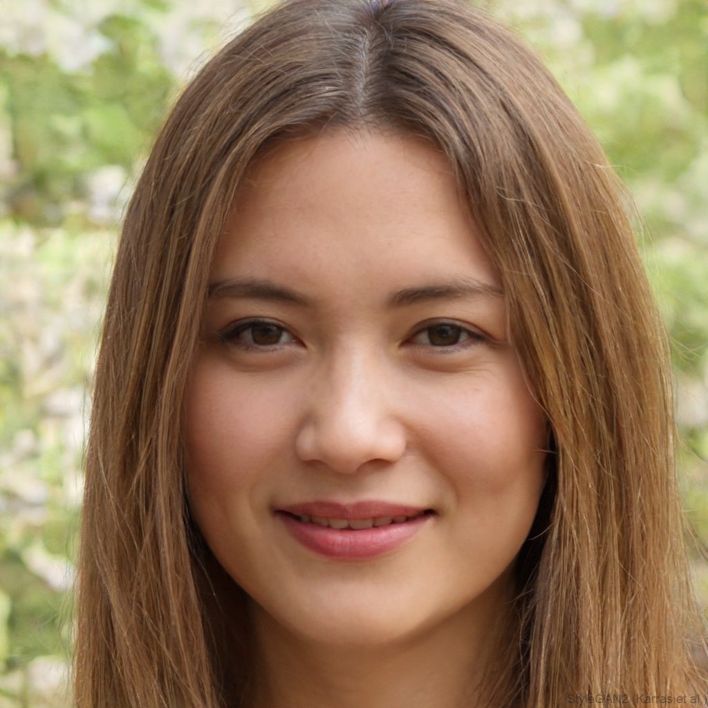 Close-up of a young woman with long, light brown hair smiling outdoors with a blurred green background.