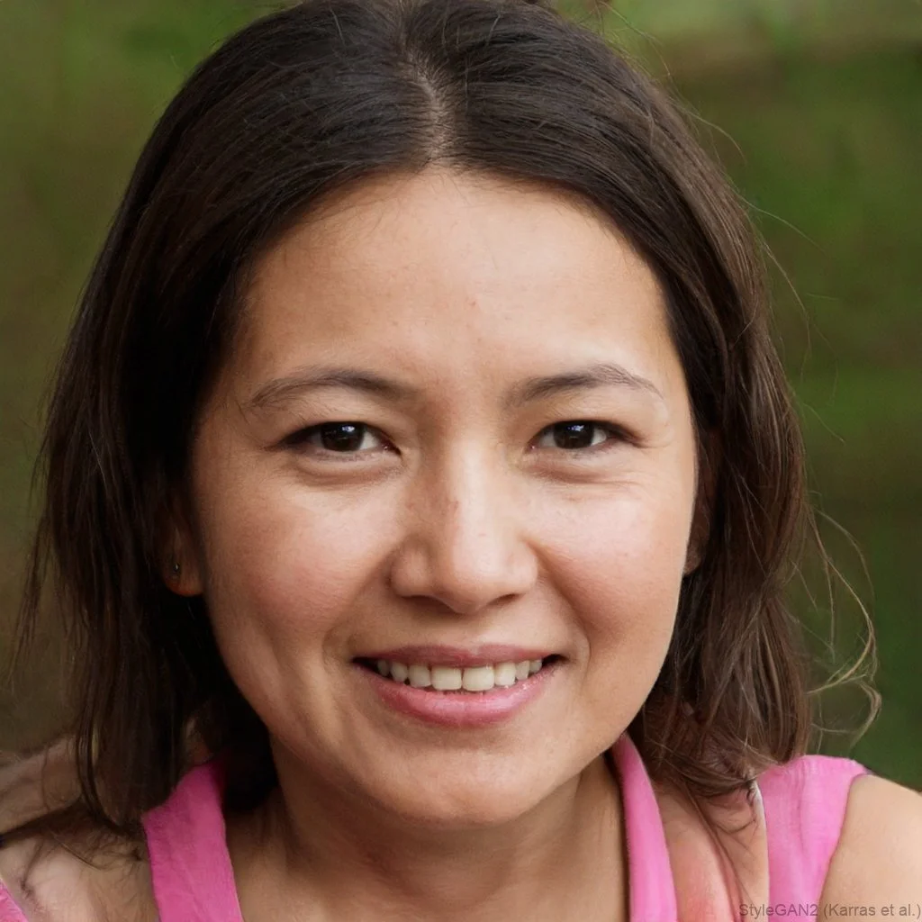 Close-up of an american accent student who is a smiling woman with dark brown hair wearing a pink top, outdoors with a blurred green background.