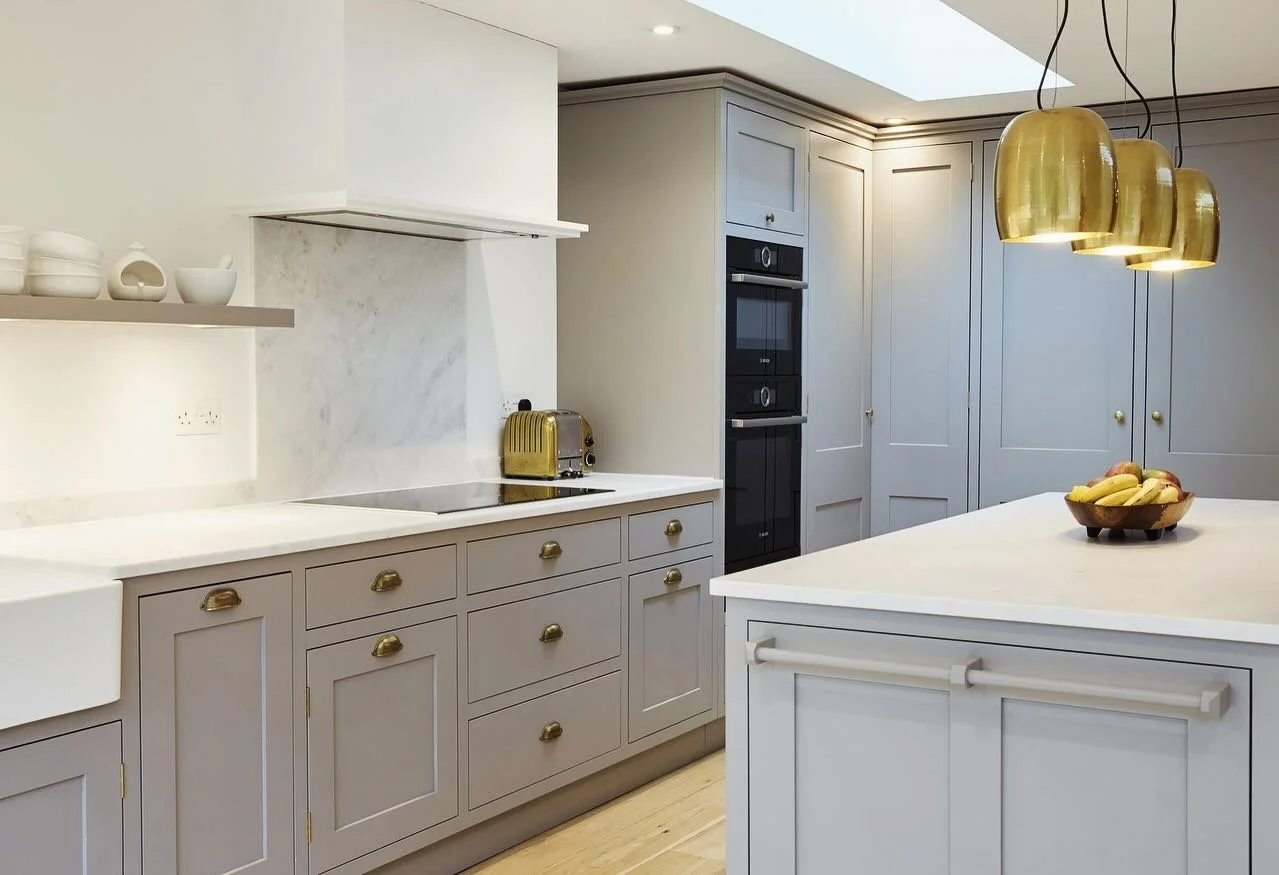 Another Squarepeg Shaker Kitchen with floating shelves. Particularly love the grey &amp; gold fixings and the book cases on both sides of the island that&rsquo;s on castors. The corner pantry continues to be a popular feature. Swipe left for more pic