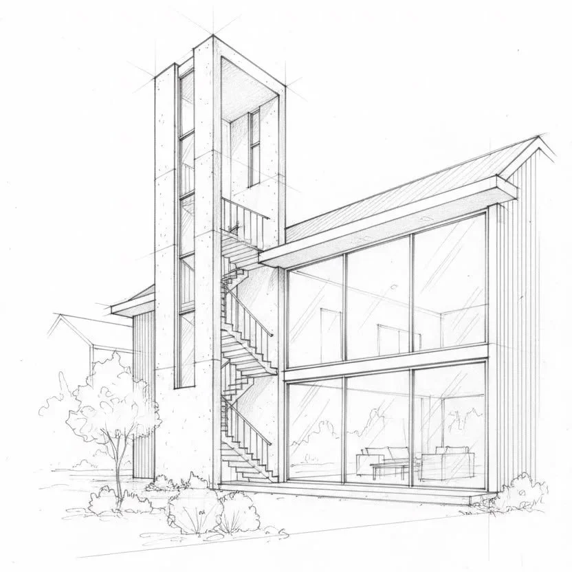 A detailed architectural sketch of a modern, multi-level house featuring a prominent vertical stairwell, large floor-to-ceiling windows, and minimalist landscaping with trees and bushes.