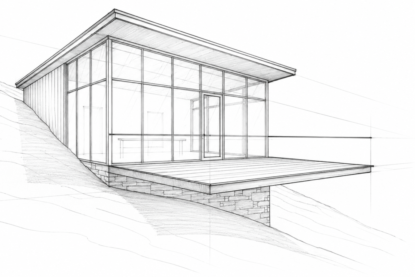 Architectural sketch of a modern house on a hillside with large glass windows and a wooden deck.