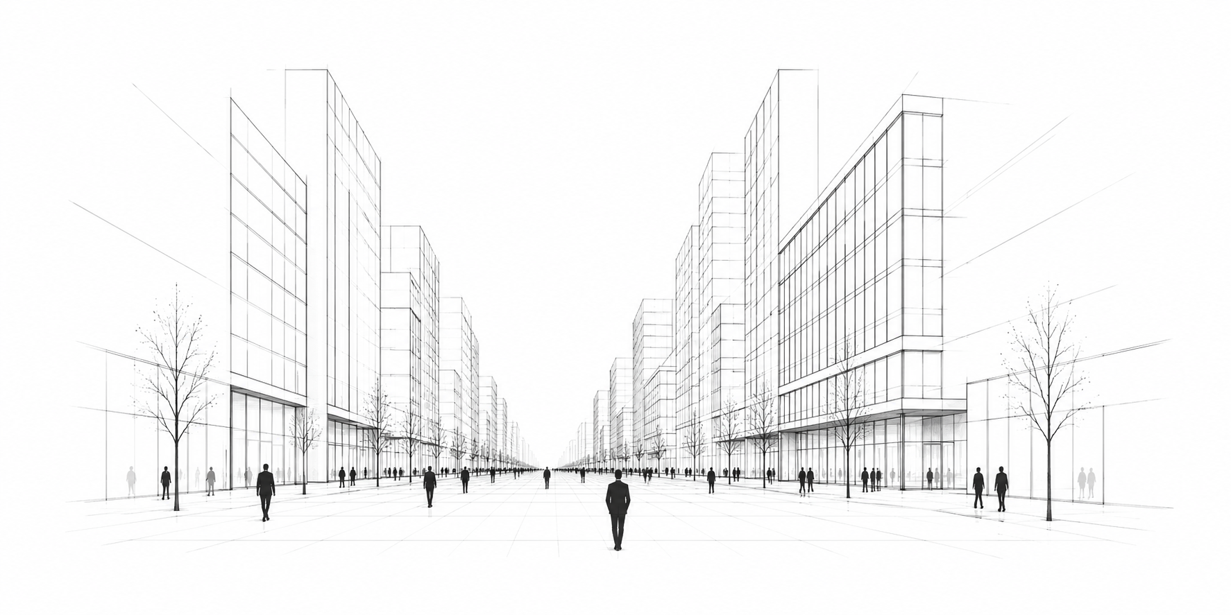 A digital architectural rendering of a city street with modern office buildings on both sides, trees lining the sidewalks, and people walking.