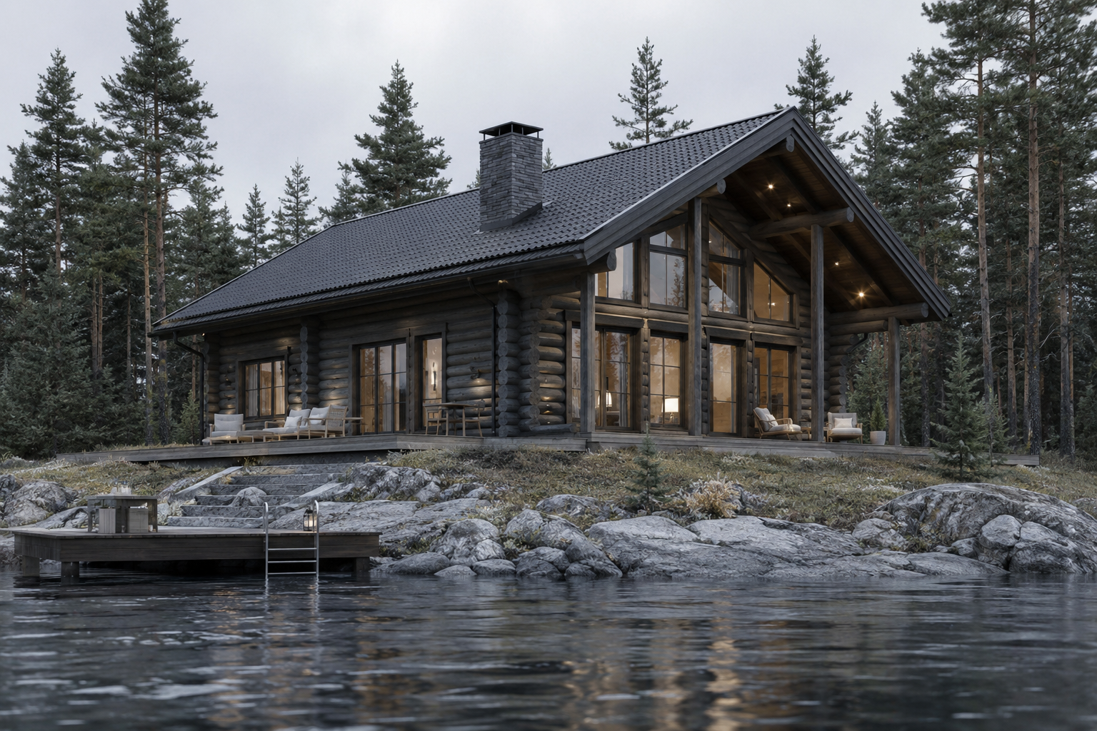 A log cabin with large windows situated by a lake, surrounded by tall pine trees, during dusk with light shining from inside.