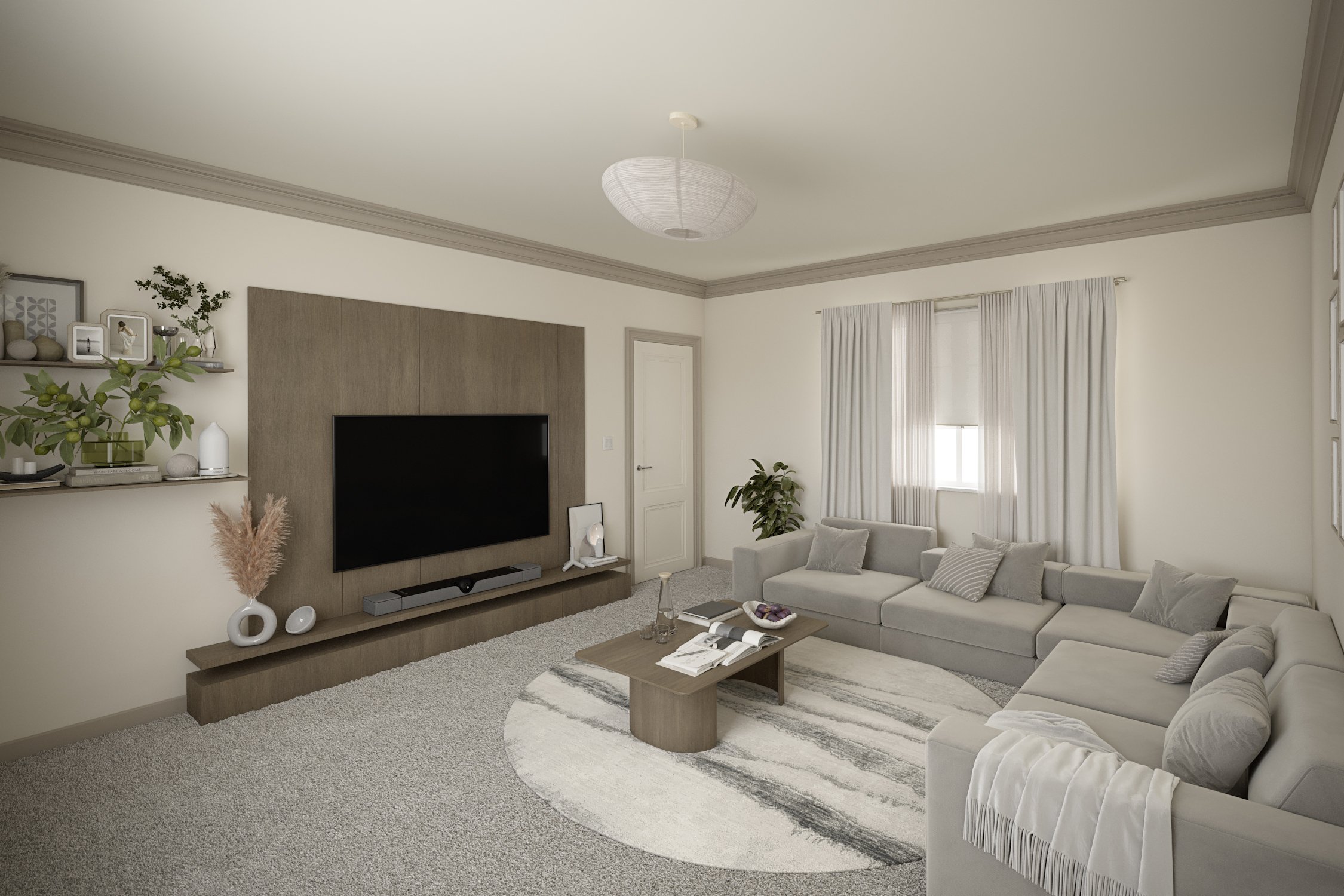 Living room with beige sofa, coffee table, wall-mounted TV, window with white curtains, and decorative shelves with framed photos and plants.