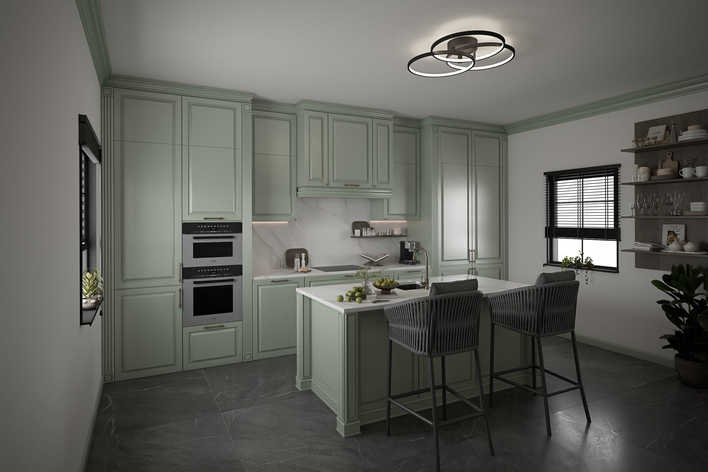 Modern kitchen with green cabinets, white marble backsplash, black window blinds, and a white kitchen island with bowls of green apples, accompanied by gray bar stools. There is a ceiling light fixture with circular rings.