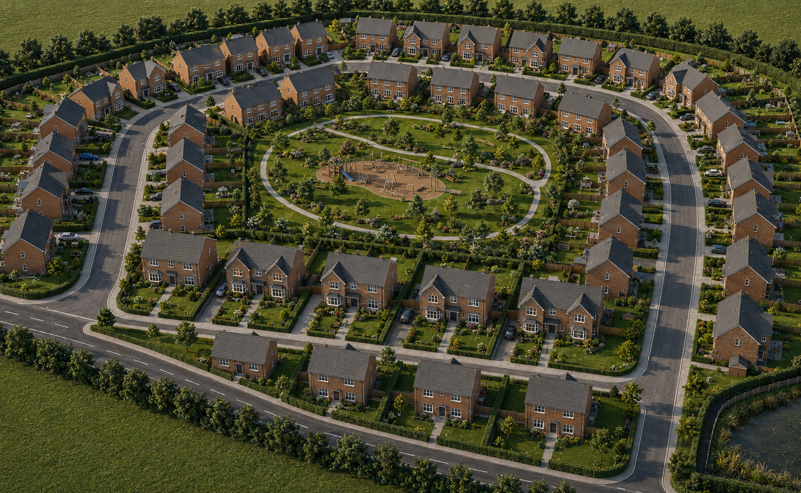 Aerial view of a suburban neighborhood with houses, a central park, playground, walking paths, and neatly landscaped yards surrounded by roads and green fields.
