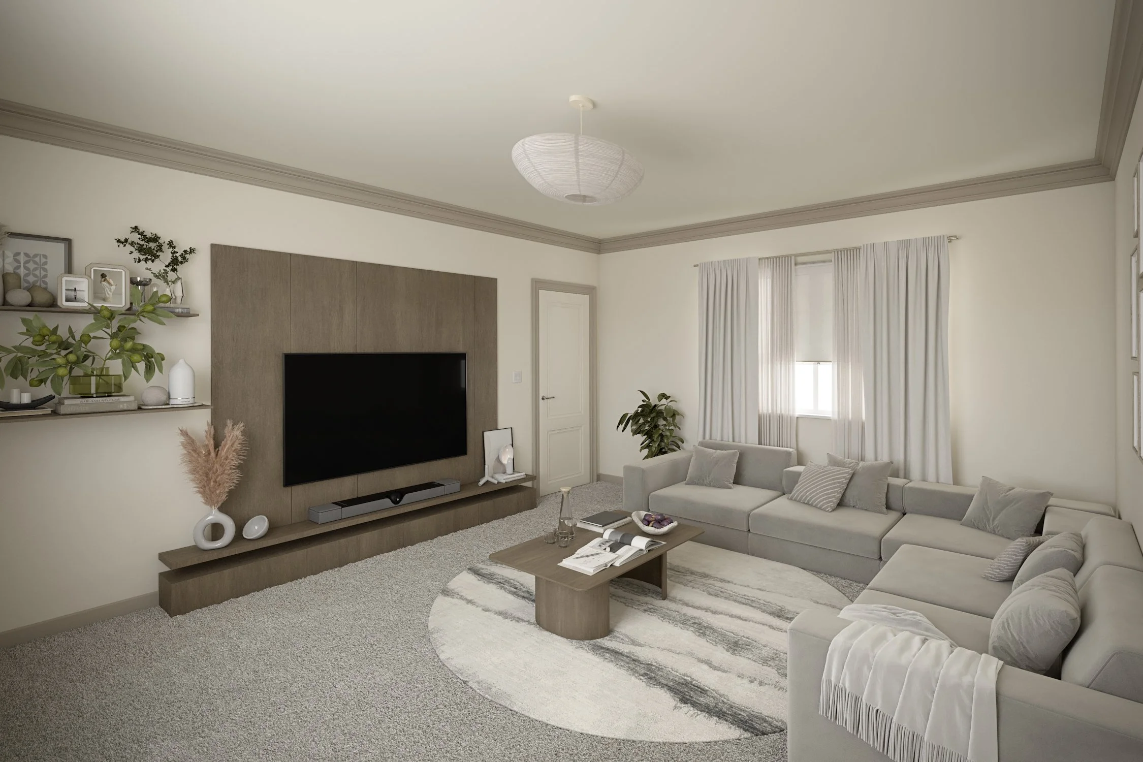 Living room with a beige couch, white curtains, a wooden coffee table, an entertainment center with a TV, decorative items, plants, and a patterned area rug.