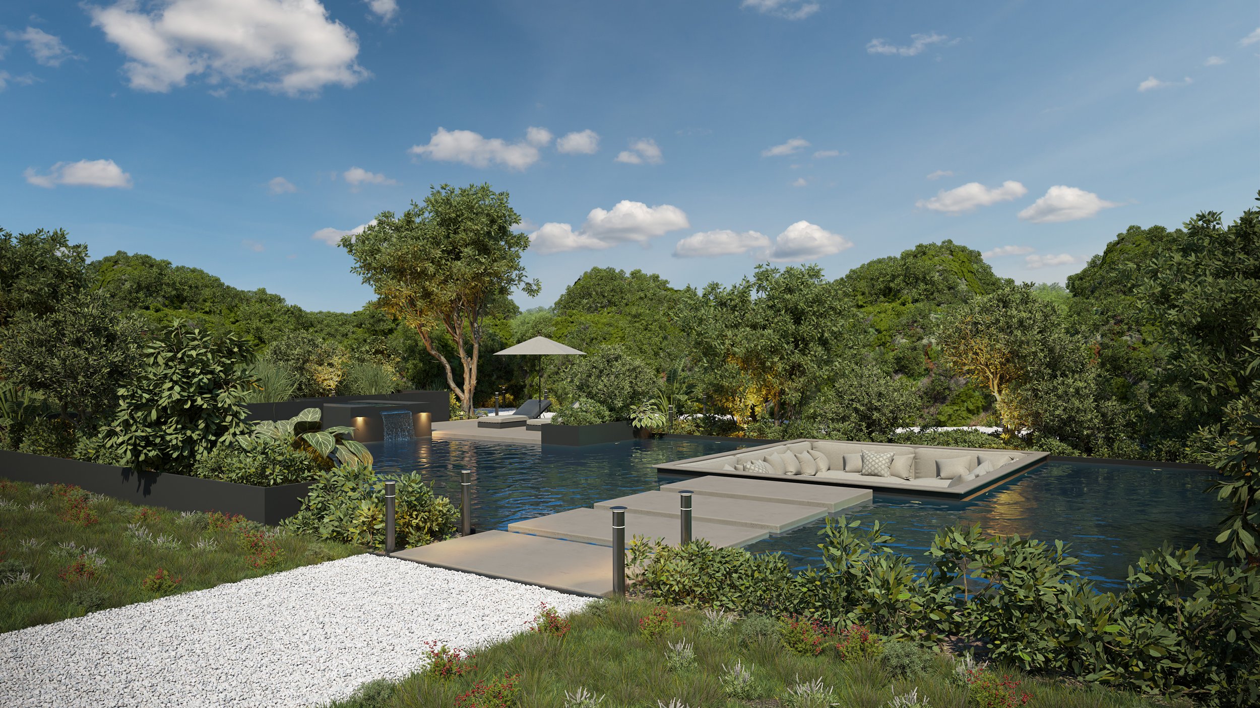 A backyard with a rectangular pool, surrounded by lush greenery and trees, with a white outdoor lounge, umbrellas, and a stone pathway.