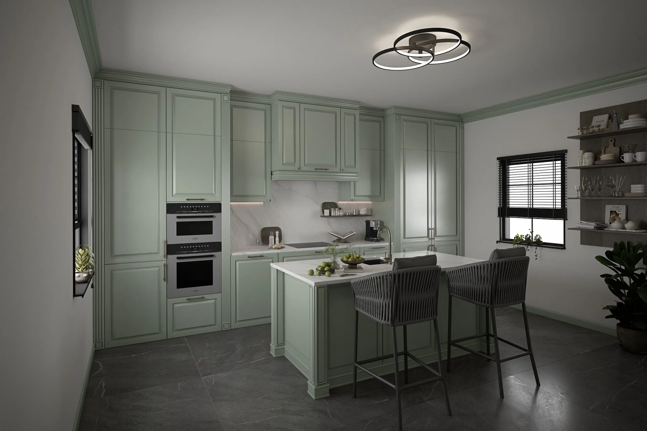 Modern kitchen with mint green cabinets, a white marble backsplash, a kitchen island with green apples, gray chairs, black window blinds, open shelves with dishes, and a ceiling light fixture.