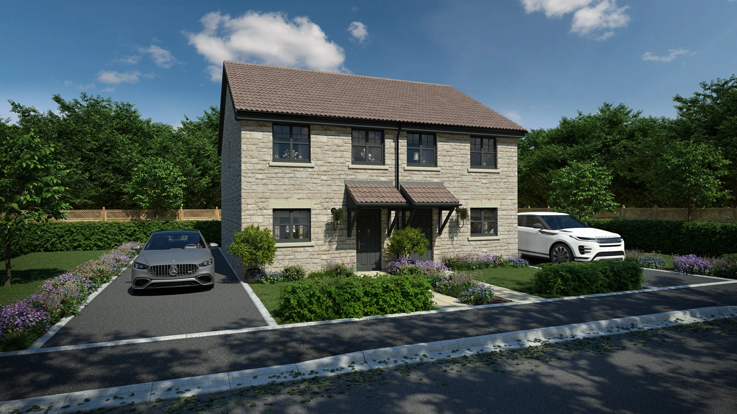 A modern two-story house with stone exterior, brown tiled roof, and black-framed windows, surrounded by green trees and a garden with flowers, with two luxury cars parked in the driveway.
