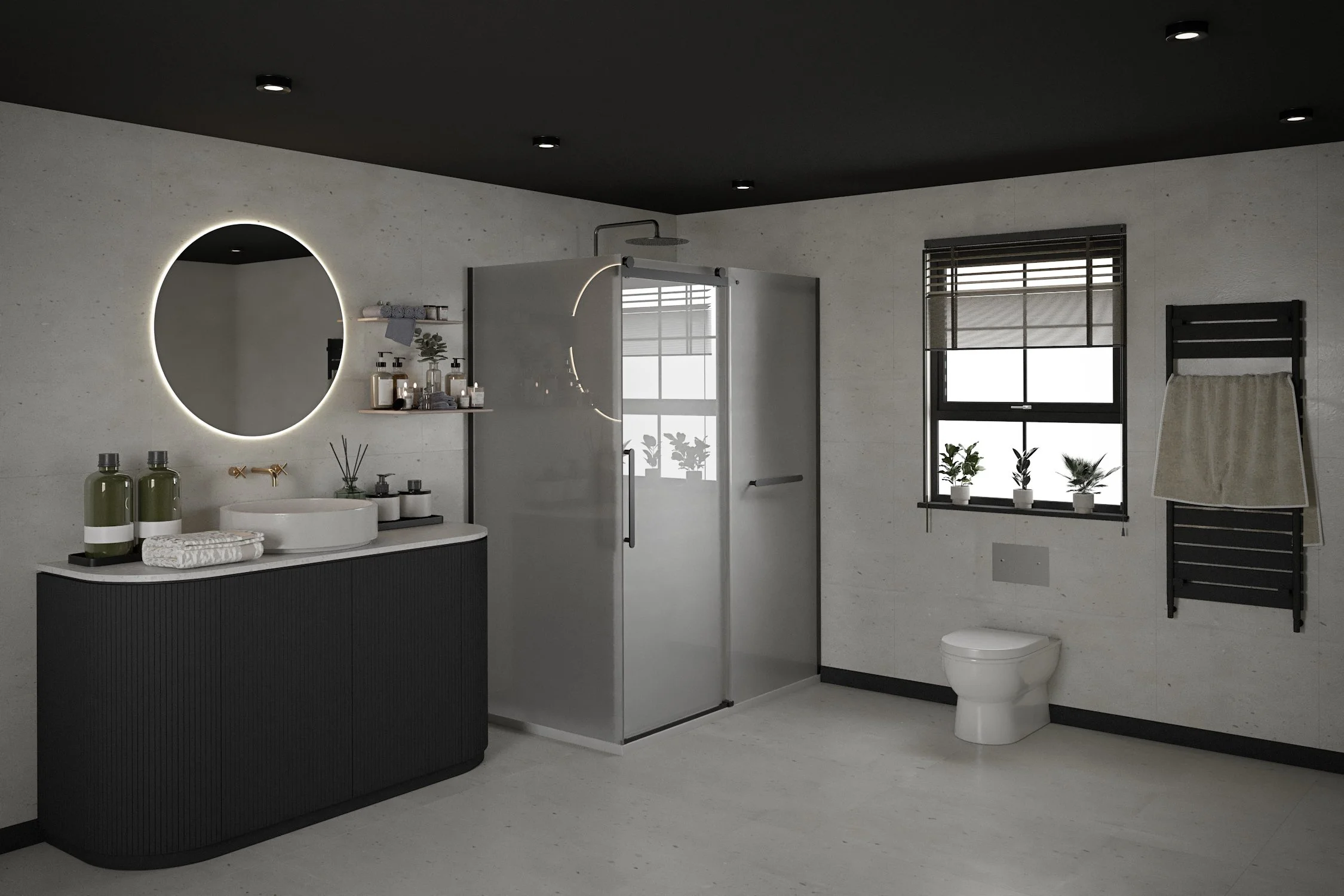 Modern bathroom with black and white color scheme, round illuminated mirror, vanity with toiletries, walk-in shower, window with blinds, and toilet with towel rack.