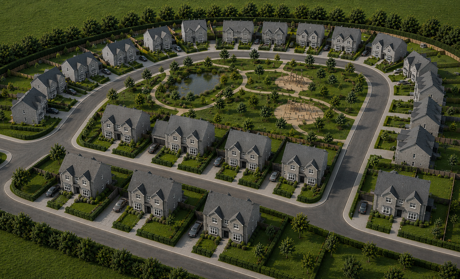 Aerial view of a suburban neighborhood with multiple two-story houses, a central park with a pond, trees, and playground equipment, all surrounded by a wooden fence and green lawns.