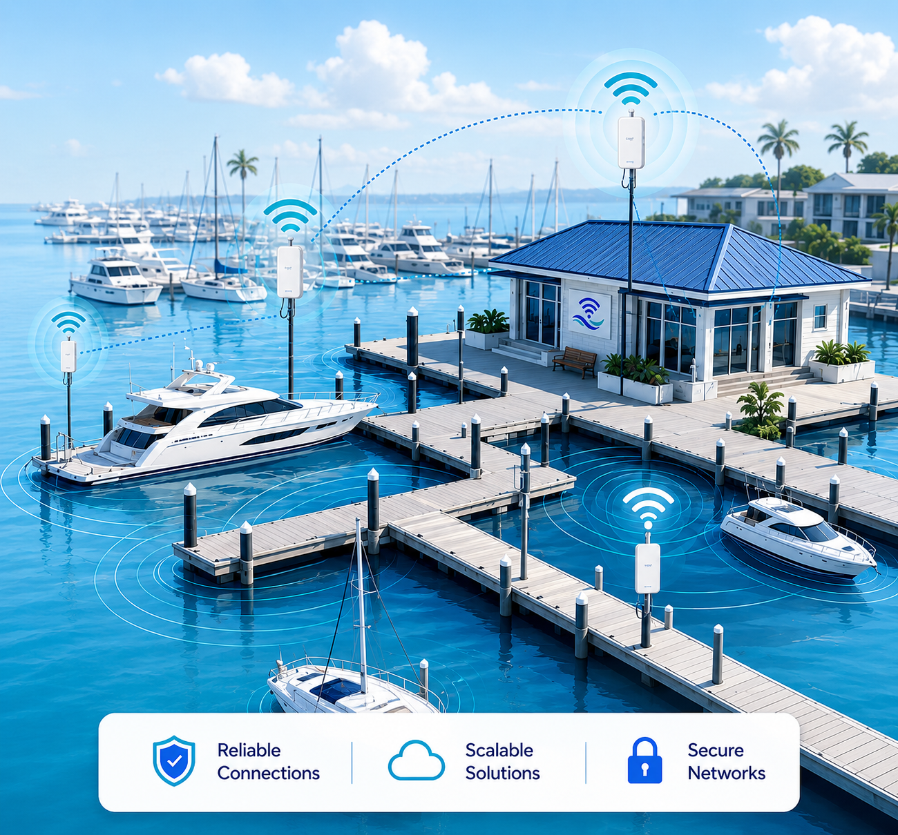 Marina with docked boats connected by Wi-Fi, featuring a building on the dock with a Wi-Fi symbol, illustrating reliable, scalable, and secure wireless network solutions for maritime environments.