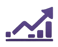 Purple upward trending arrow with bar chart representing growth or increase.