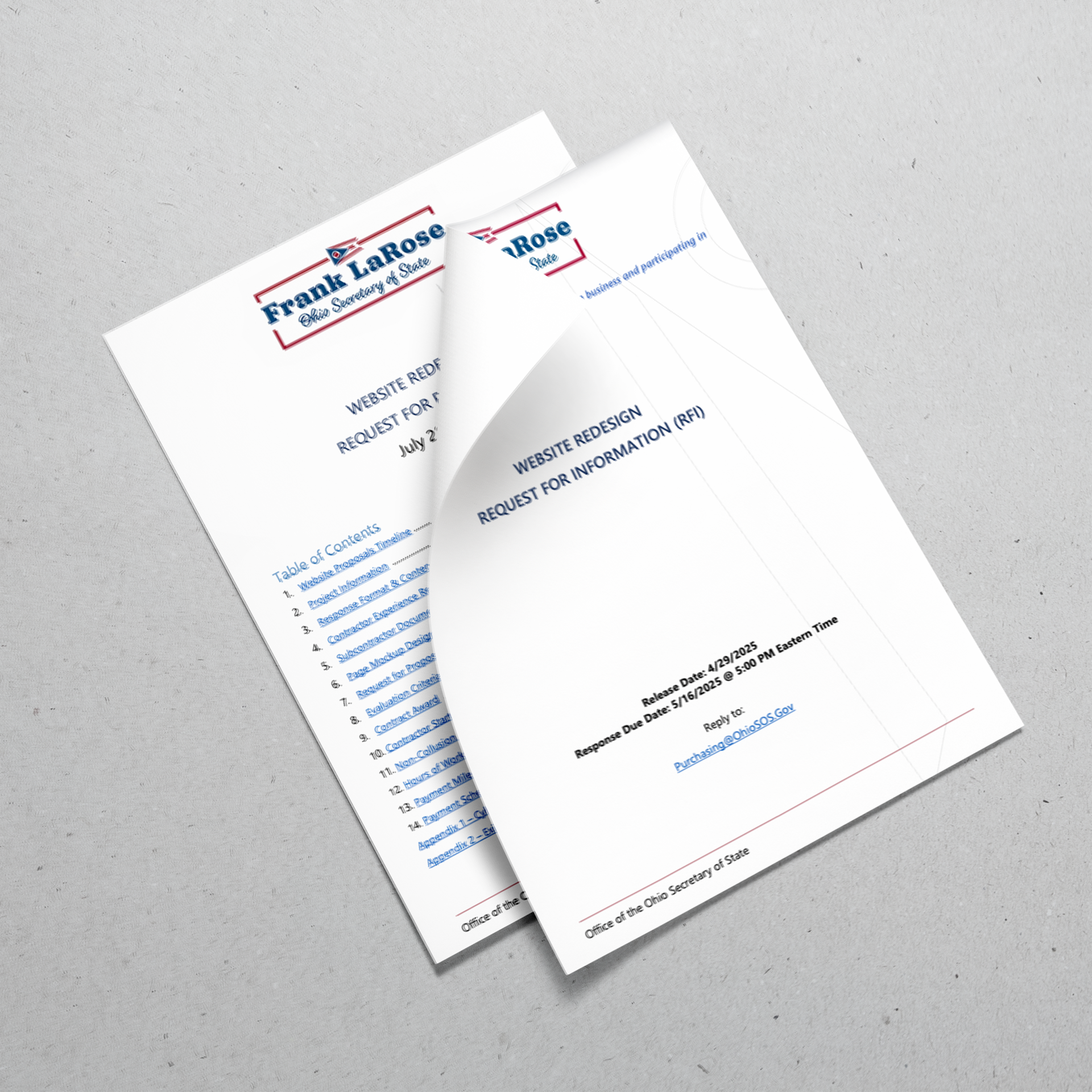 Mockup of a Request for Information consulting document designed for the Ohio Secretary of State project by Trust Digital