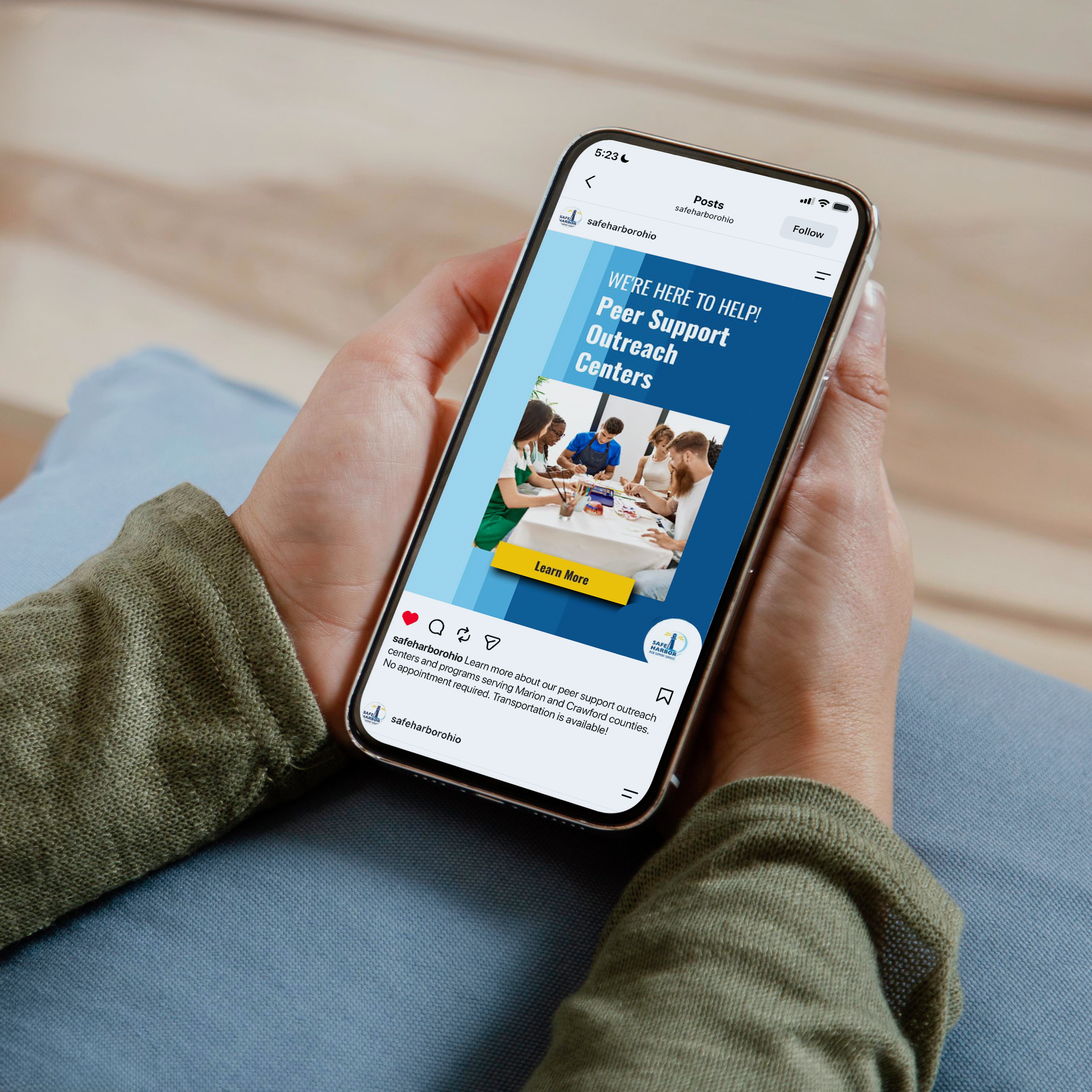 Smartphone mockup displaying a targeted Instagram ad campaign for young adults by Trust Digital agency