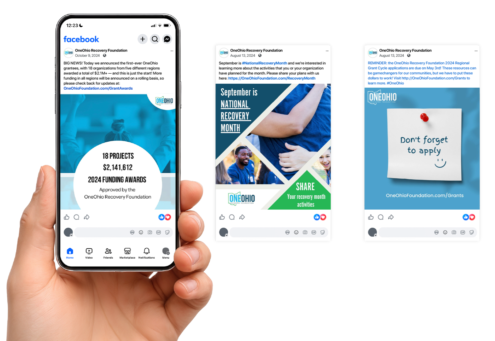 Smartphone displaying custom Facebook marketing posts and graphic design campaigns created by Trust Digital agency
