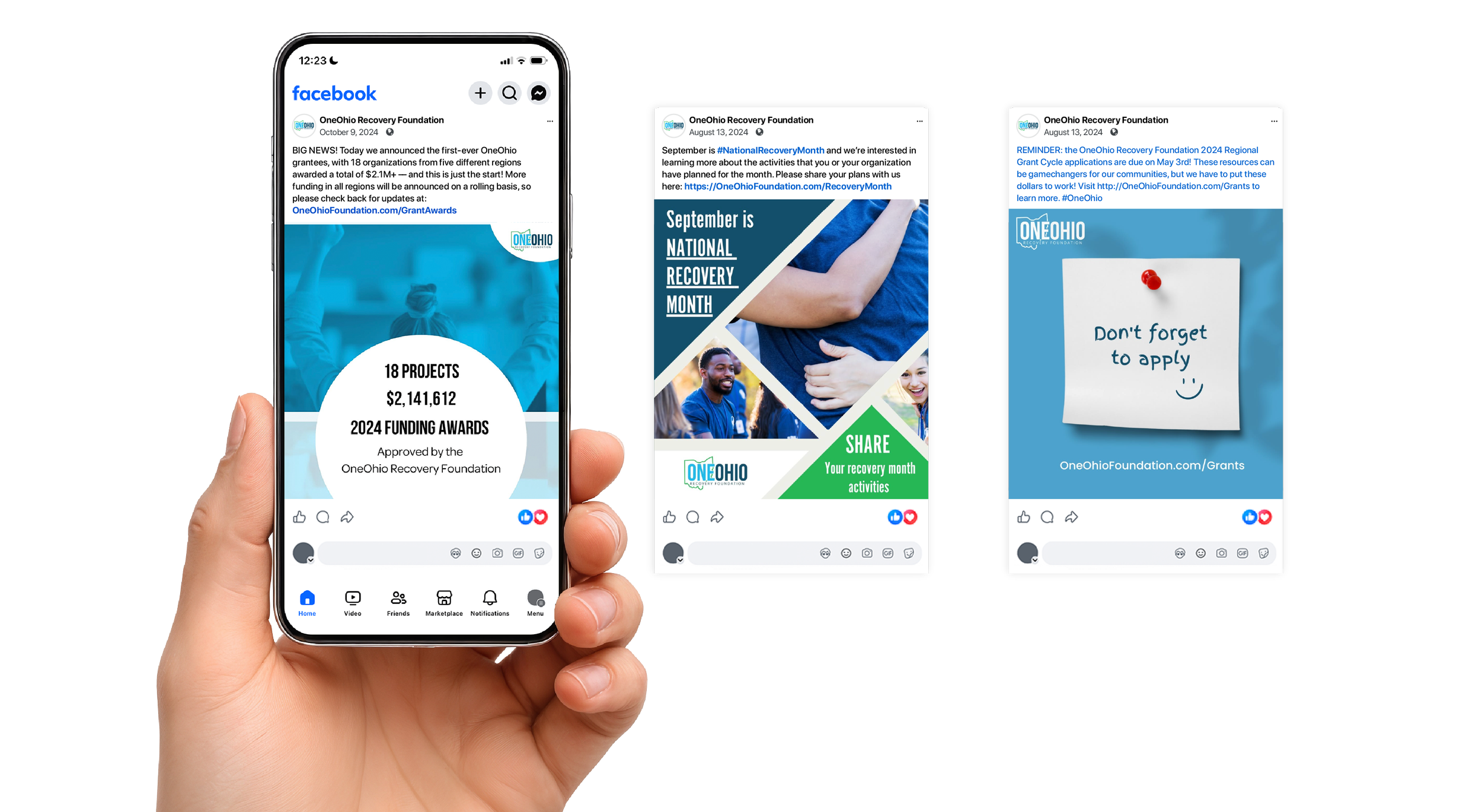 Smartphone displaying custom Facebook marketing posts and graphic design campaigns created by Trust Digital agency