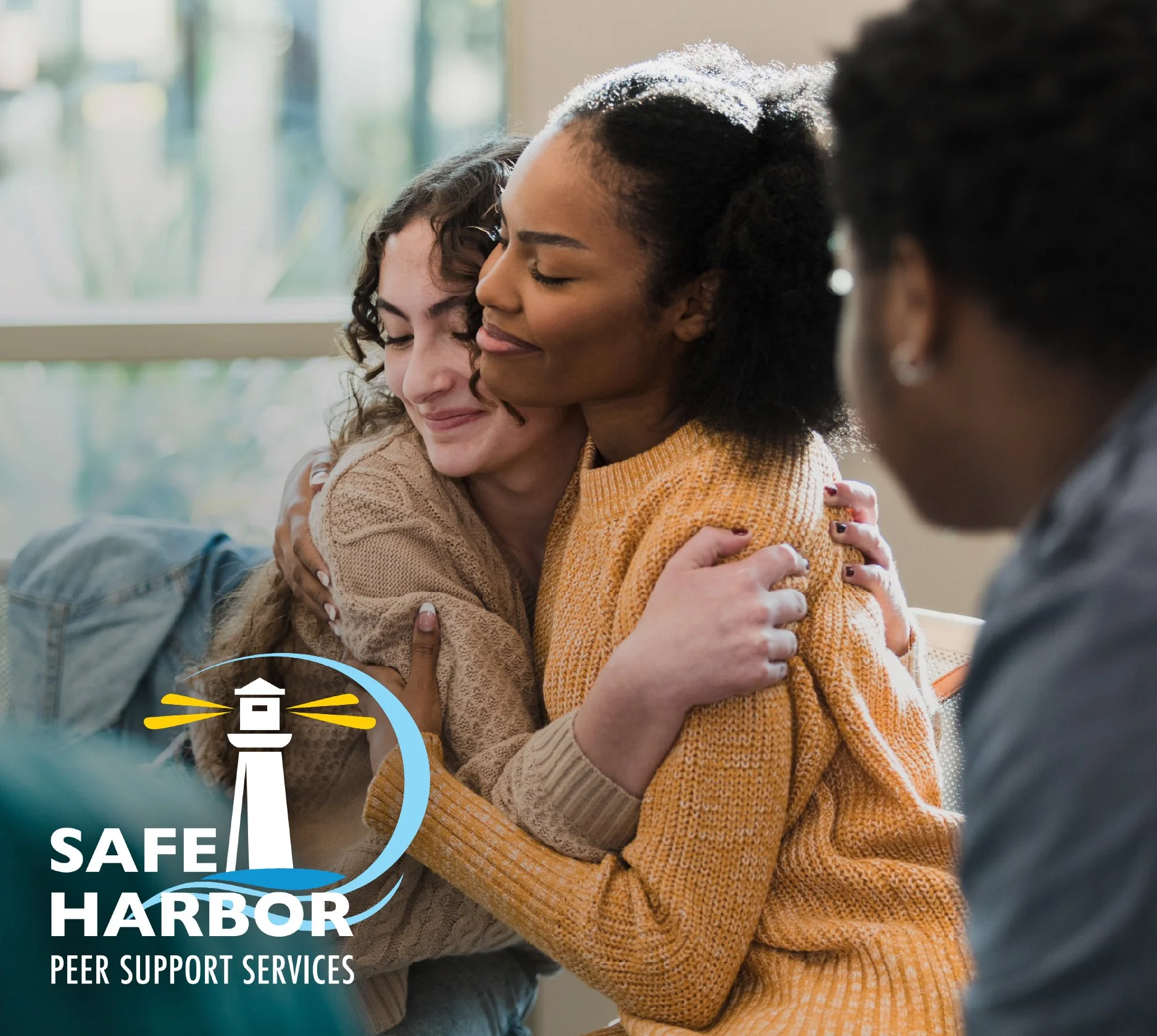 Safe Harbor Peer Support Services logo over two women hugging, from a website design and ad campaign by Trust Digital