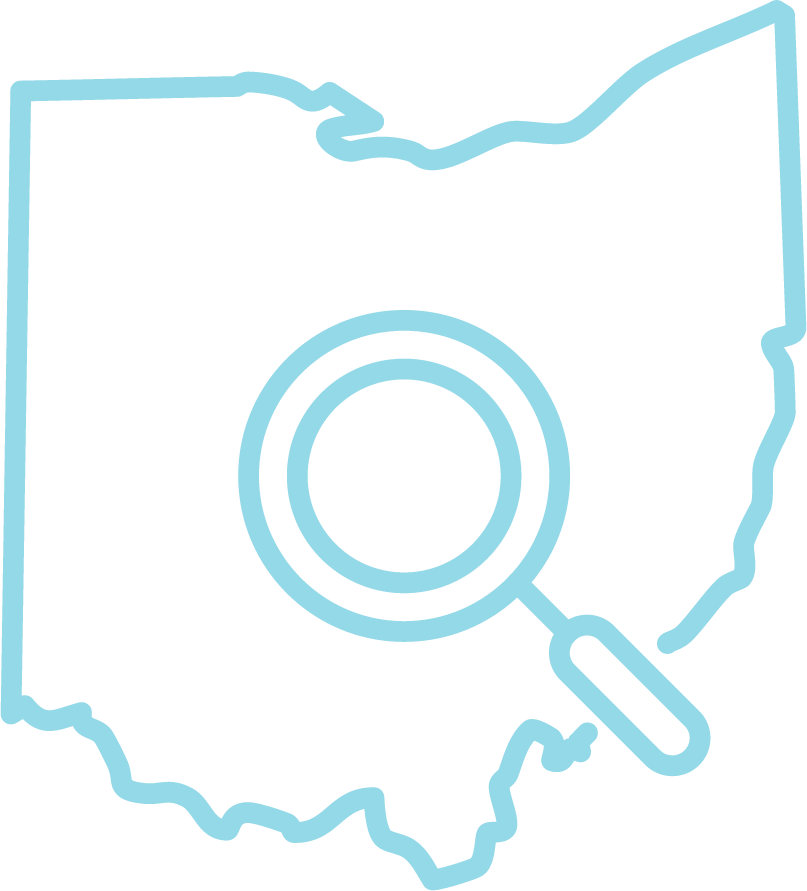 Ohio state outline and magnifying glass icon for the Imagination Library resource hub designed by Trust Digital
