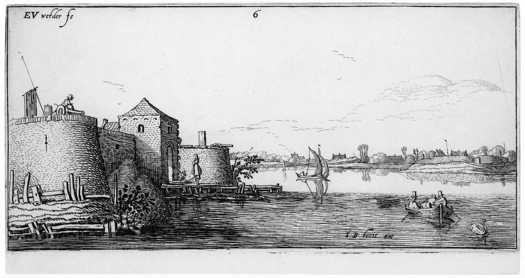 Riverside harbor in antique etching