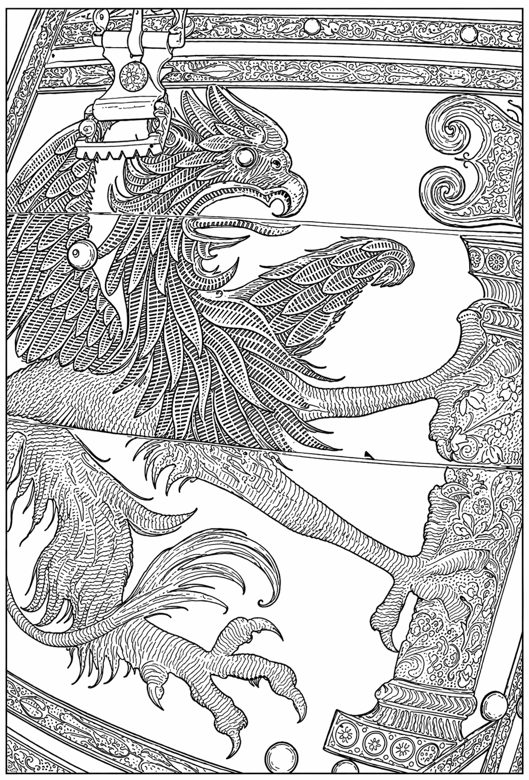 Ornate heraldic griffin engravibg