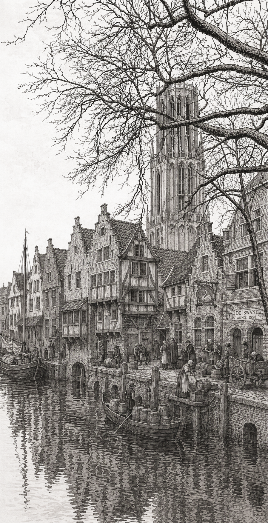 Utrecht winter canal scene with gothic tower