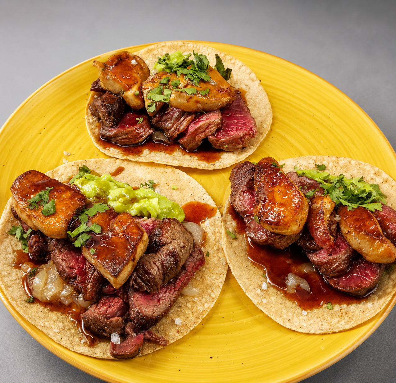 Tres tacos con carne de res, guacamole, cilantro y salsas, en un plato amarillo.