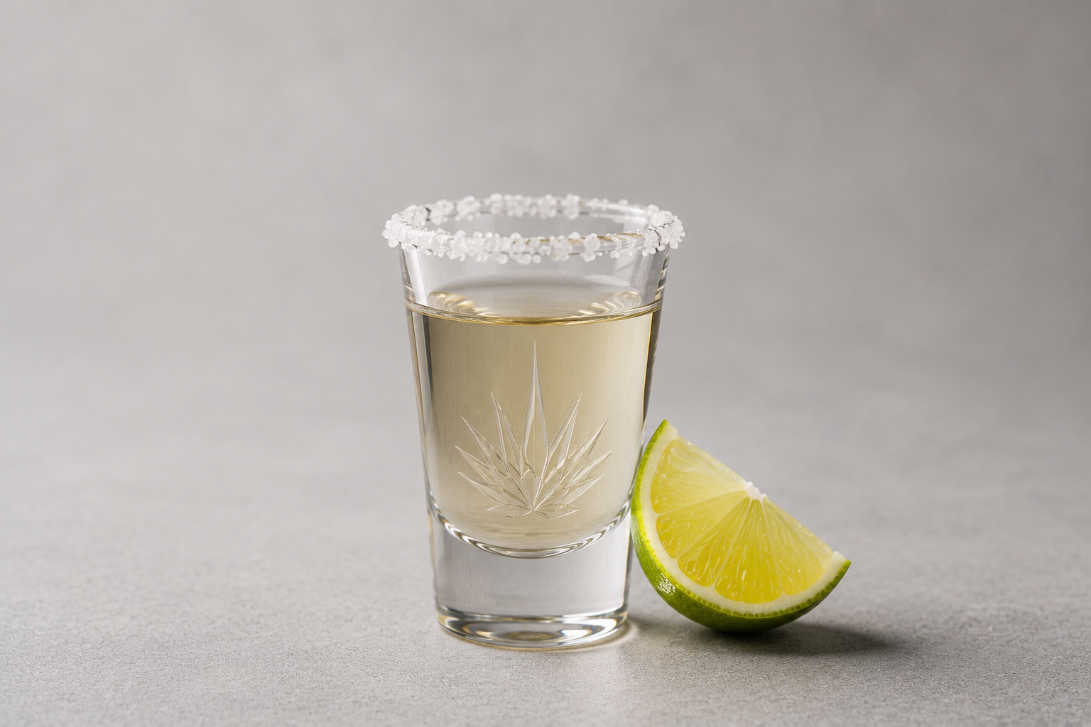 Vaso de tequila con borde de sal, acompañado de una rodaja de limón