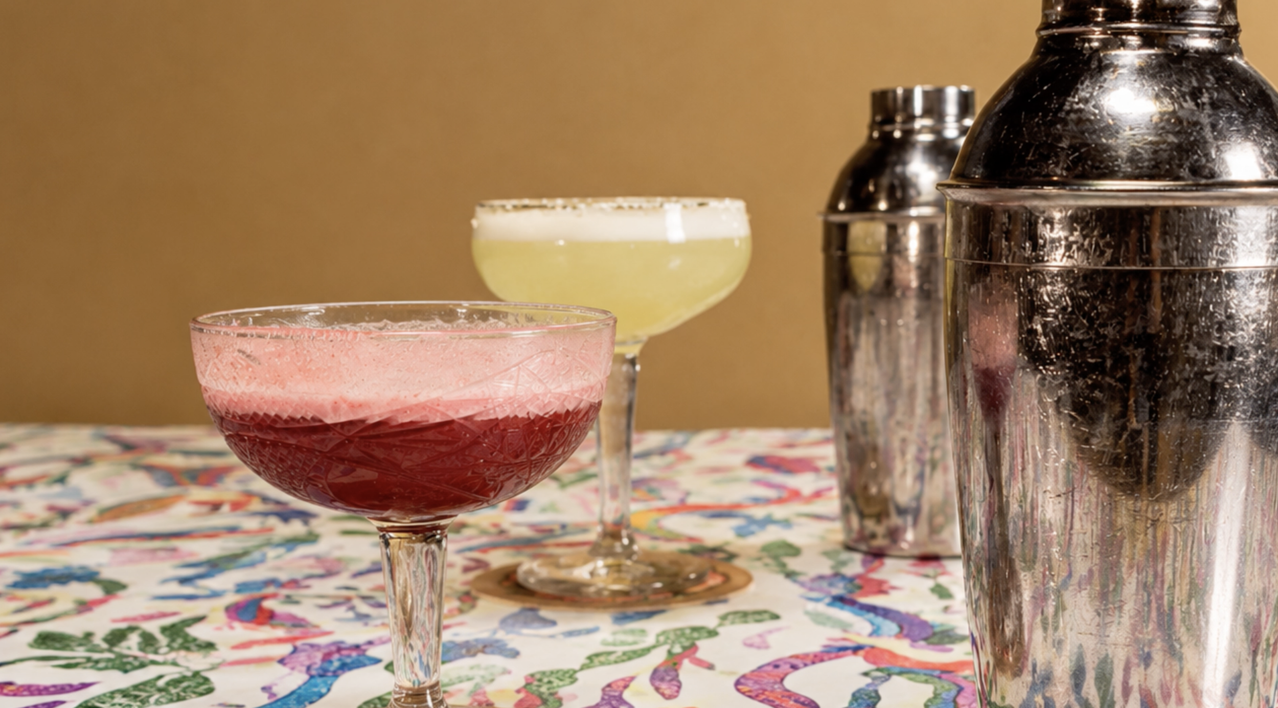 Tres cócteles en copas de cristal con hielo y un shaker de bar de metal