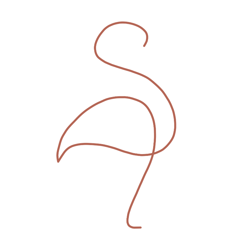 A minimalist line drawing of a flamingo standing upright with one leg on a black background.