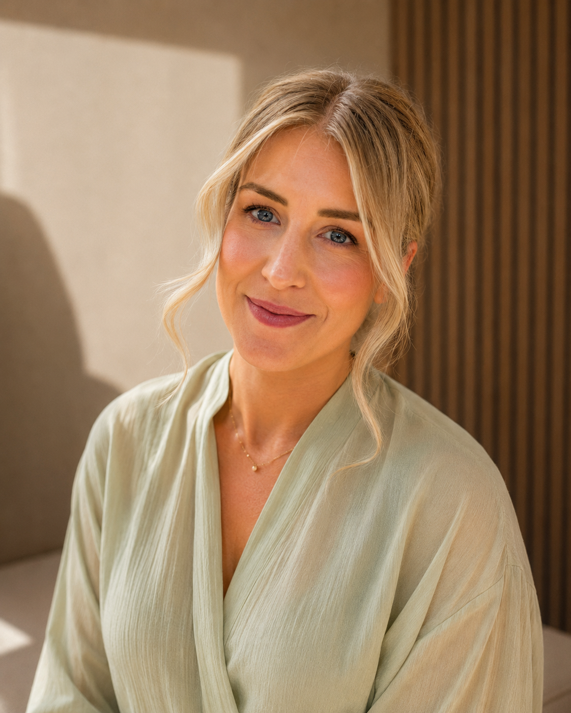A woman with blonde hair and blue eyes smiling, wearing a light-colored top, in a room with neutral-colored walls and a wooden panel background.